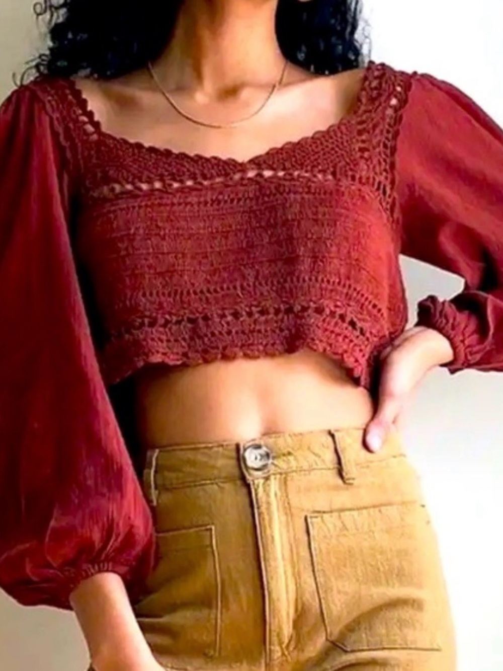 Free People Rust Crochet Smocked Crop Top
